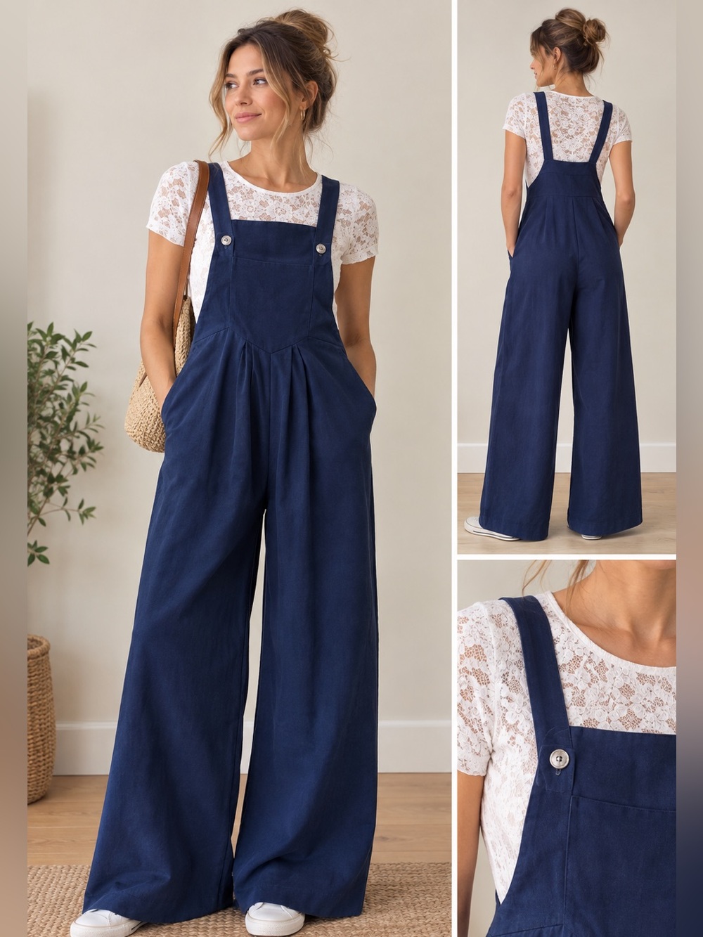 Navy Wide-Leg overalls with pleats in front